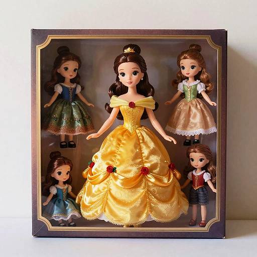 Photograph of four Barbie dolls, featuring a princess in a yellow ball gown with red rose accents, surrounded by three younger dolls in various dresses, framed