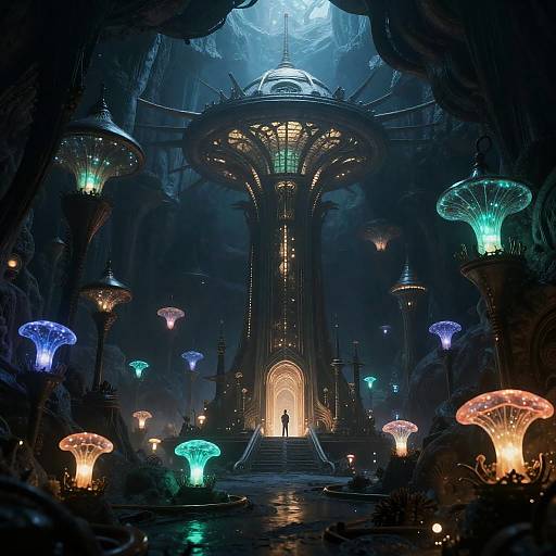 Solarpunk Bioluminescent Subterranean Cityscape Matte