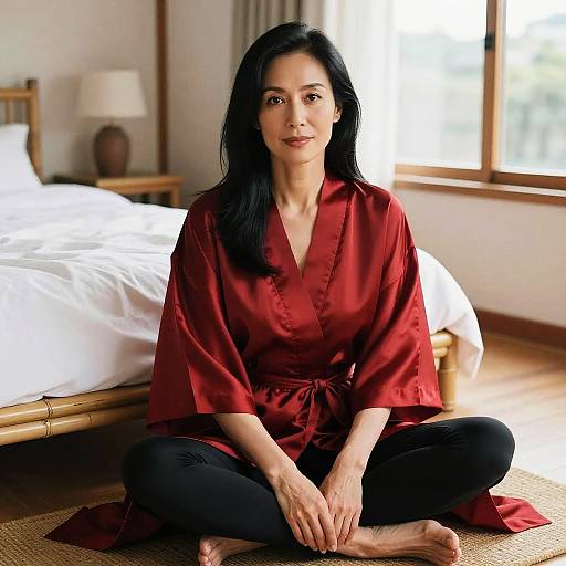Photograph of an Asian woman with long black hair, wearing a red silk robe and black pants, sitting cross-legged on a wooden floor in a sun