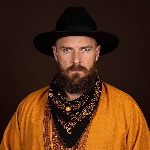 Photograph of a serious, bearded man with blue eyes, wearing a black hat, orange robe, and black bandana with gold patterns, set