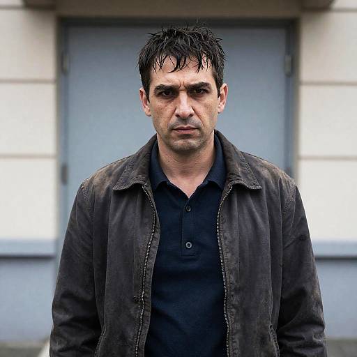 Serious man with wet hair in dark jacket