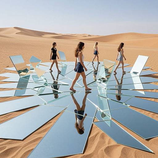 Photograph: Four women in summer dresses walk on a mirrored, fragmented desert floor in a sunlit, sandy dune landscape.