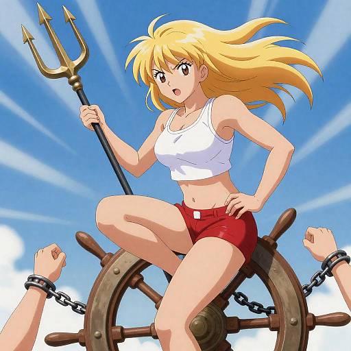 Anime Blonde Woman with Trident on Ship Wheel