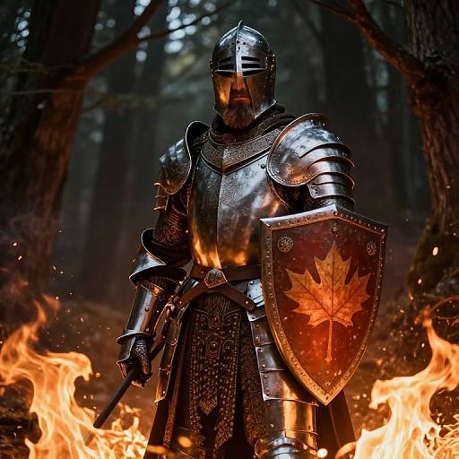 Photorealistic digital art of armored knight with reflective helmet and detailed plate armor, holding shield with maple leaf, standing amidst fiery forest.