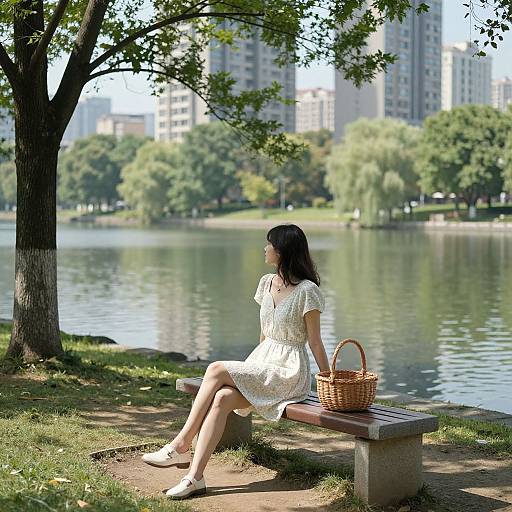 Photograph: Asian woman with long black hair, wearing white dress and white shoes, sits on park bench by lake, wicker basket beside her,
