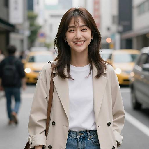 Smiling Young Woman in Tokyo Street Fashion