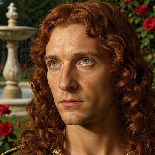 Photorealistic portrait of a handsome man with long, curly red hair, green eyes, and fair skin, standing in a garden with red roses and