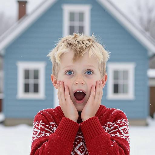 Surprised Blonde Boy in Red Sweater in Snow