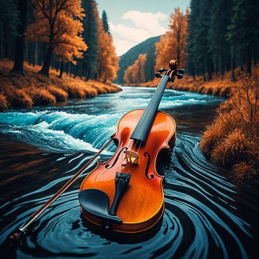 Violin Morphing Into River in Autumn Forest