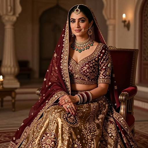 Photograph of a beautiful South Asian bride in an ornate gold and maroon traditional lehenga with intricate embroidery, seated on an elegant throne in a