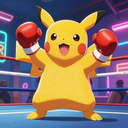 Digital illustration of Pikachu in a boxing ring, wearing red boxing gloves, arms raised victoriously, neon lights in the background.