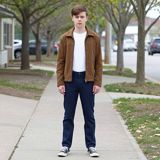 Photograph of a young Caucasian man with short brown hair, wearing a brown corduroy jacket, white t-shirt, black pants, and black-and
