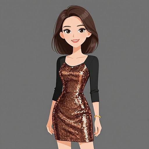 Digital illustration of a smiling Asian woman with shoulder-length black hair, wearing a sequined, copper-colored mini dress with black sleeves, against a gray background