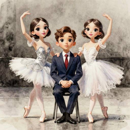 Digital art of a wide-eyed boy in a suit flanked by two ballet dancers in white tutus, arms raised, in a gray studio.