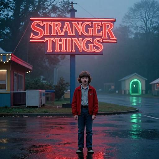 Photograph of a young boy with curly brown hair, wearing a red jacket and blue jeans, standing under a neon 