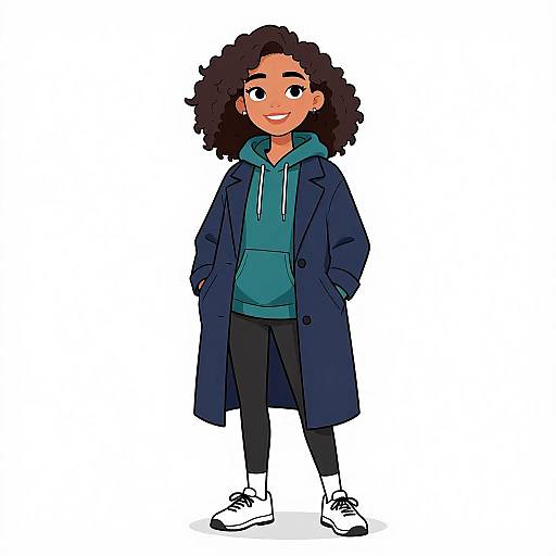 Cartoon-style drawing of a smiling young girl with curly black hair, wearing a teal hoodie, dark blue long coat, black pants, white socks,