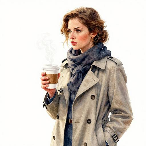 Photograph of a stylish, fair-skinned woman with wavy brown hair, wearing a gray coat, blue scarf, and holding a coffee cup,