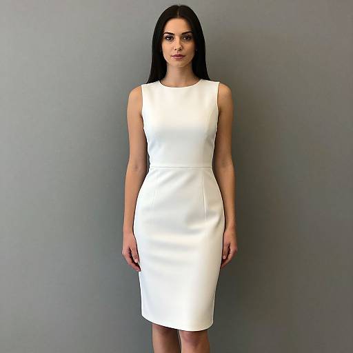 Photograph of a slender woman with long black hair, wearing a sleeveless, form-fitting white dress, standing against a plain gray background.