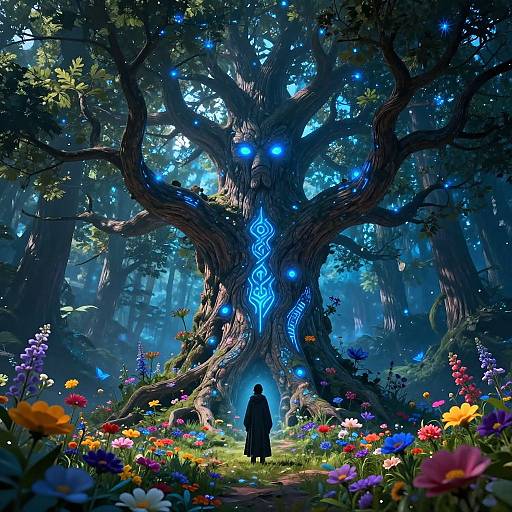 Digital fantasy art: Silhouetted figure stands before a glowing blue, ancient tree in a vibrant, enchanted forest filled with colorful flowers.