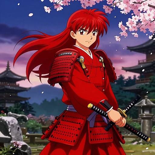Anime-style digital illustration of a red-haired samurai woman with red armor and katana, standing under cherry blossoms at sunset.