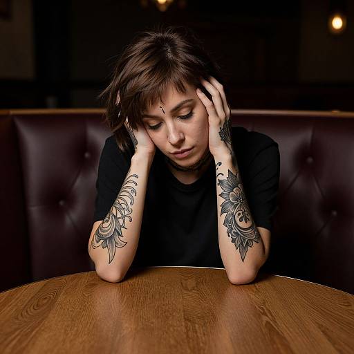 Tattooed Woman in Moody Leather Booth