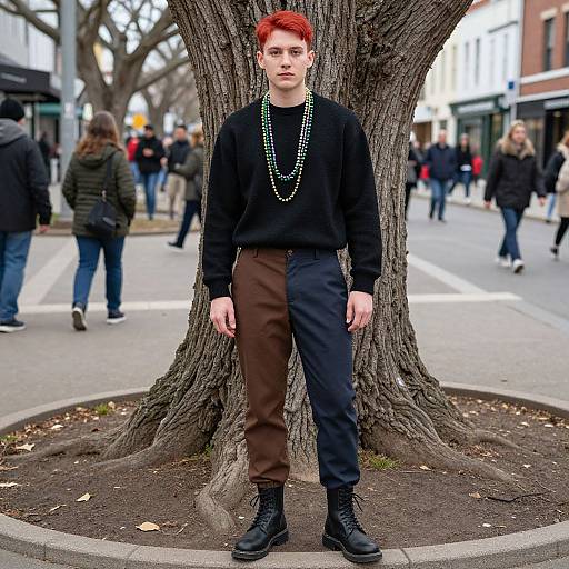 Photograph of a young man with red hair, black sweater, brown and black pants, beaded necklace, and black boots, standing in front of