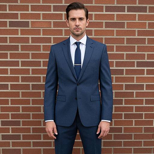 Photograph of a handsome, light-skinned man with short brown hair, wearing a dark blue suit, white shirt, and black tie, standing in