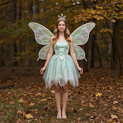 Photograph of a young girl in a light blue fairy dress, translucent wings, tiara, standing in a forest with autumn leaves.