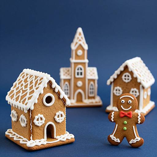Photograph of three gingerbread houses with white icing roofs, windows, and a smiling gingerbread man with red bowtie and green buttons, set against