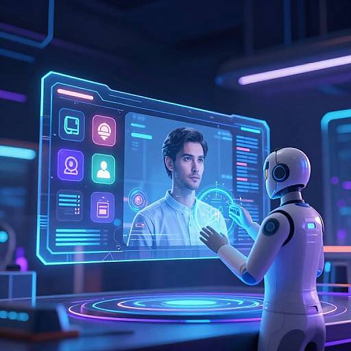 Digital CGI image of a humanoid robot interacting with a holographic screen displaying a man's face, set in a futuristic, neon-lit laboratory.