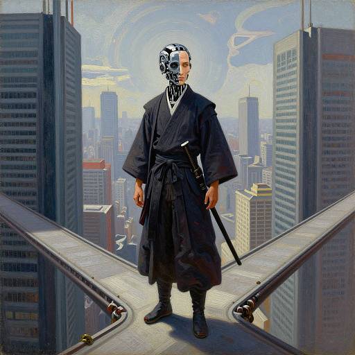 Digital art of a samurai with a black kimono and mask, standing on a rooftop bridge amidst a modern city skyline.