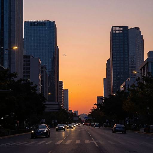 Photograph of a city street at sunset, featuring tall skyscrapers on either side, a vibrant orange and pink sky, and cars driving on the