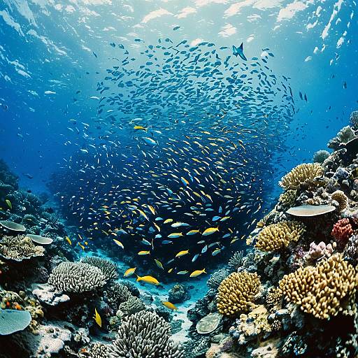 Colorful Fish School Over Coral Reef