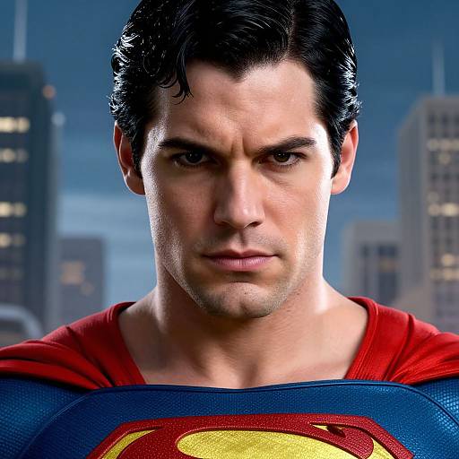 Close-up photograph of a serious-looking, dark-haired Superman with a red cape and blue suit, featuring the iconic yellow and red 