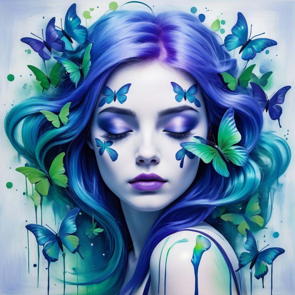 Surreal Girl with Purple Hair and Butterflies