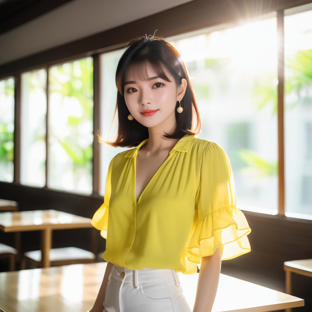 Elegant Vietnamese Model in Bright Cafe