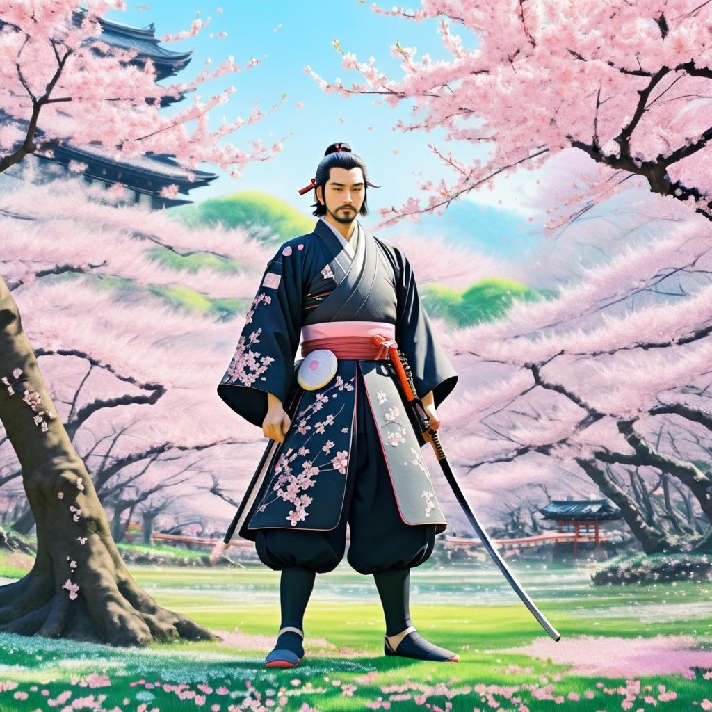 Anime Samurai in Cherry Blossom Grove