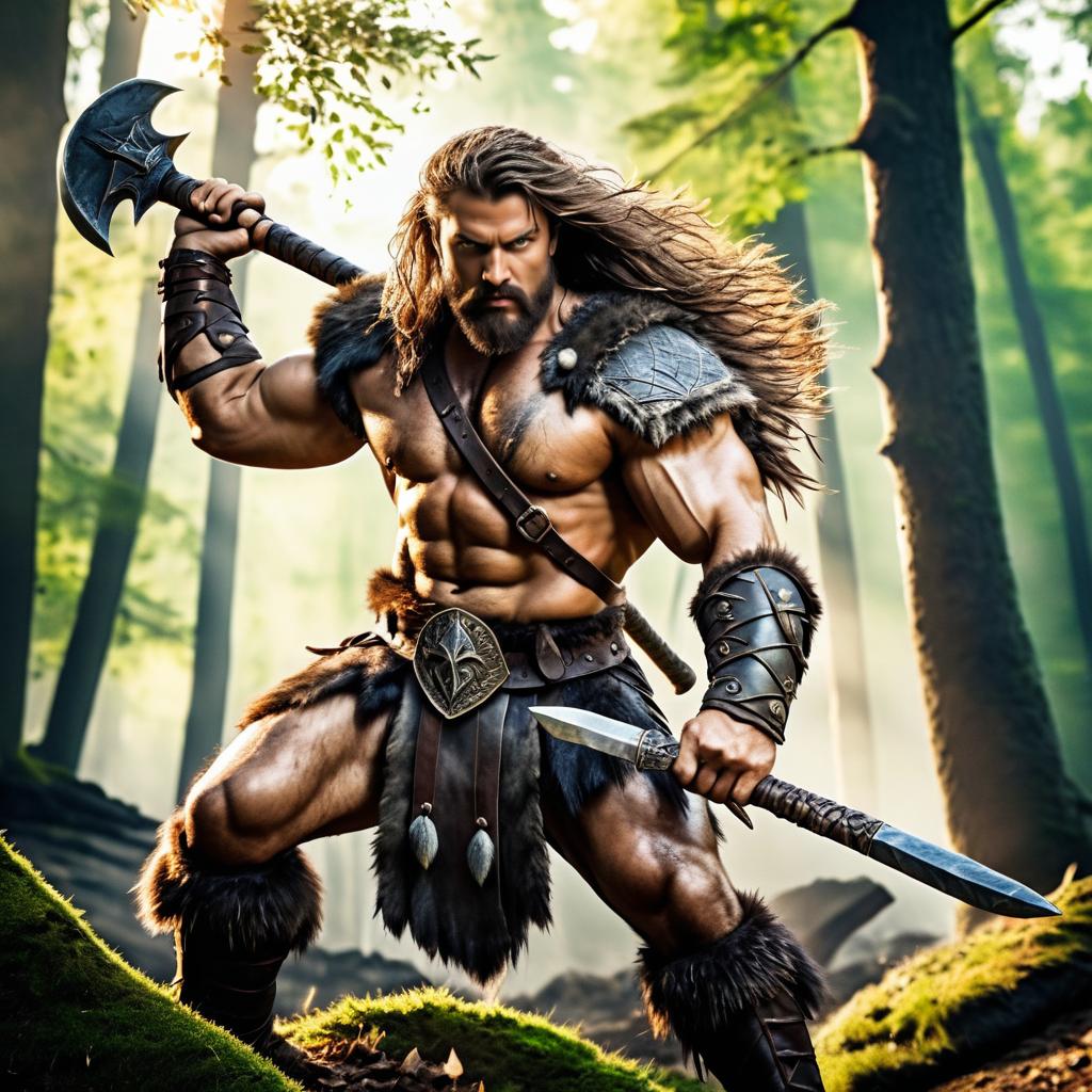 Intense Barbarian in a Forest Duel