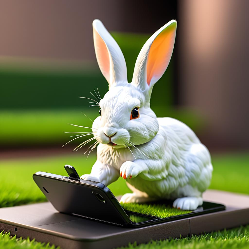 Rabbit Using Smartphone in Vivid Detail