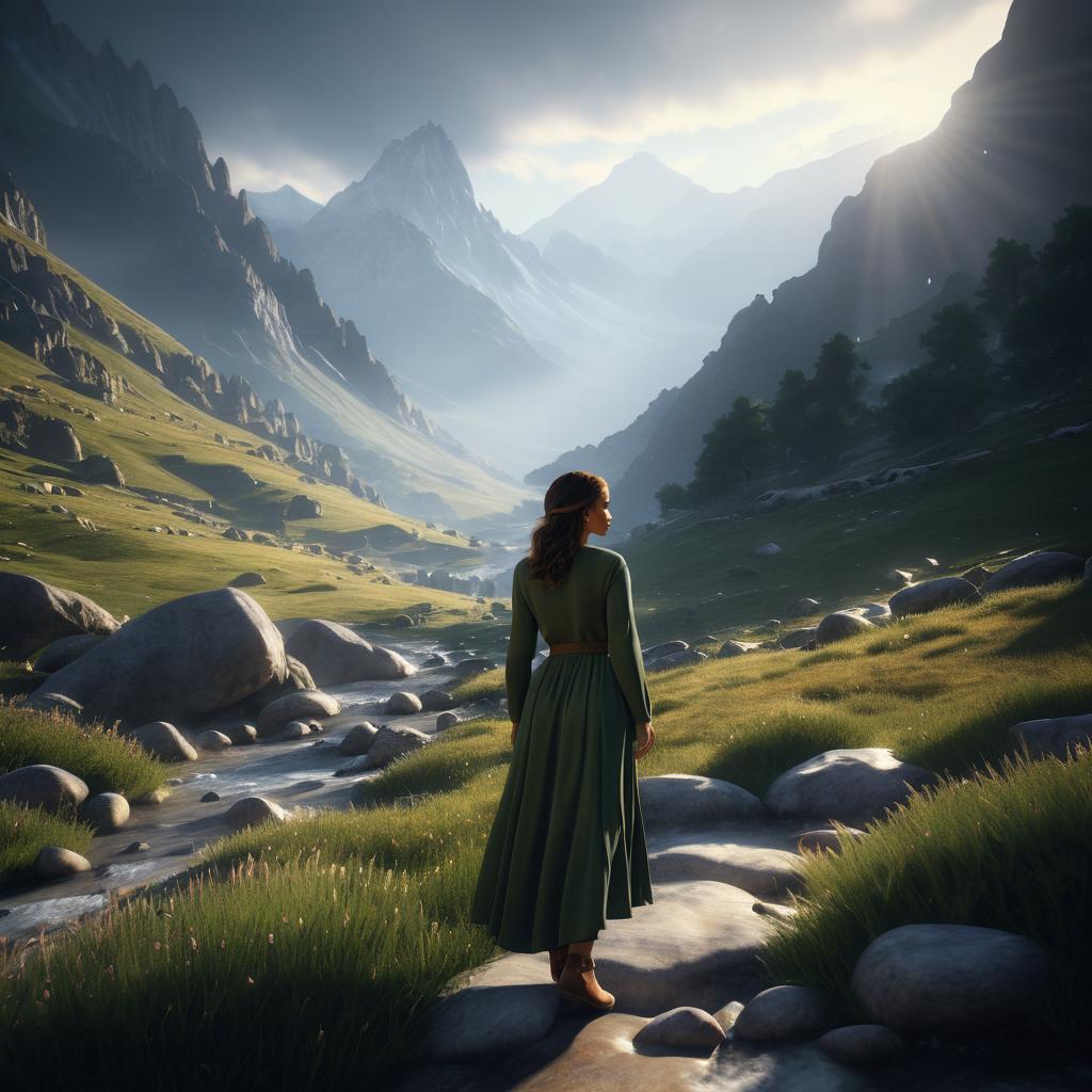 Serene Woman in Mountain Valley Scene