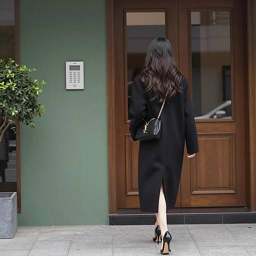 Chic Woman Walking Towards Brown Door