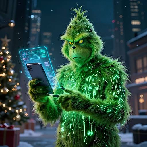 Cyberpunk Grinch with Futuristic Tech