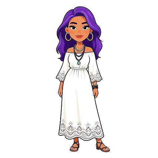 Digital drawing of a confident woman with vibrant purple hair, wearing a white off-shoulder dress, layered necklaces, hoop earrings, and brown sandals