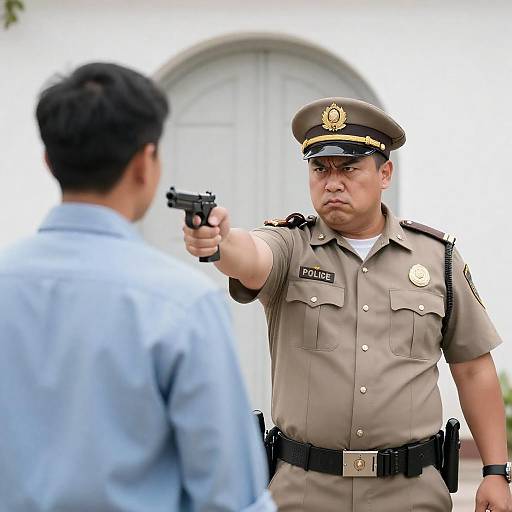 Stern Officer Aiming Gun at Suspect