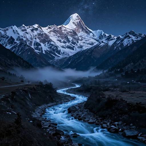 Photograph of a dazzling, snow-capped mountain under a starry night sky, with a glowing blue river winding through a misty valley.