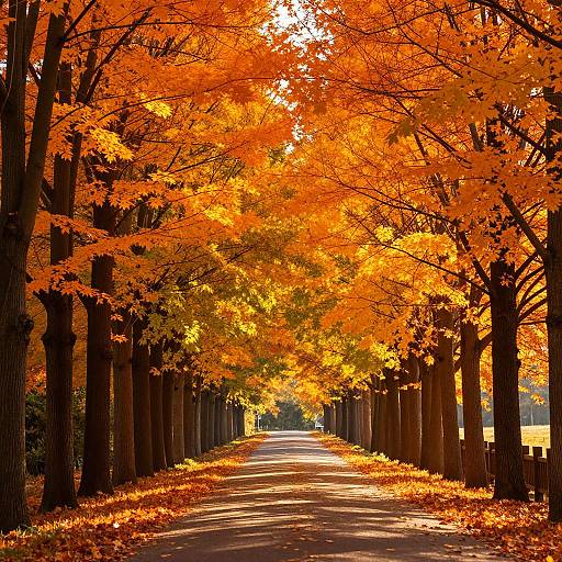 Photograph of a tree-lined path with vibrant orange and yellow autumn leaves, casting warm light and shadows on the road.