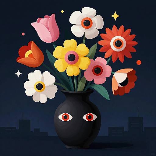 Surreal Black Vase with Colorful Eyes