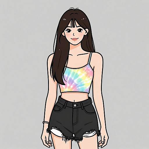 Digital drawing of a smiling young woman with long dark brown hair, wearing a colorful tie-dye crop top and black frayed shorts.