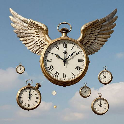 Photograph of a gold-winged pocket watch with black Roman numerals, floating against a blue sky with smaller floating watches.