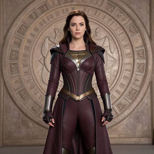 Photograph of a stern-faced woman with long brown hair, wearing a dark, textured armored suit with gold accents, standing in front of a circular,